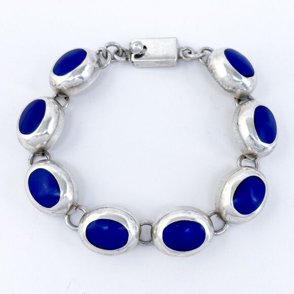 Vintage Mexico Sterling Silver 925 Blue Glass Link Bracelet 7” - Picture 2 of 6